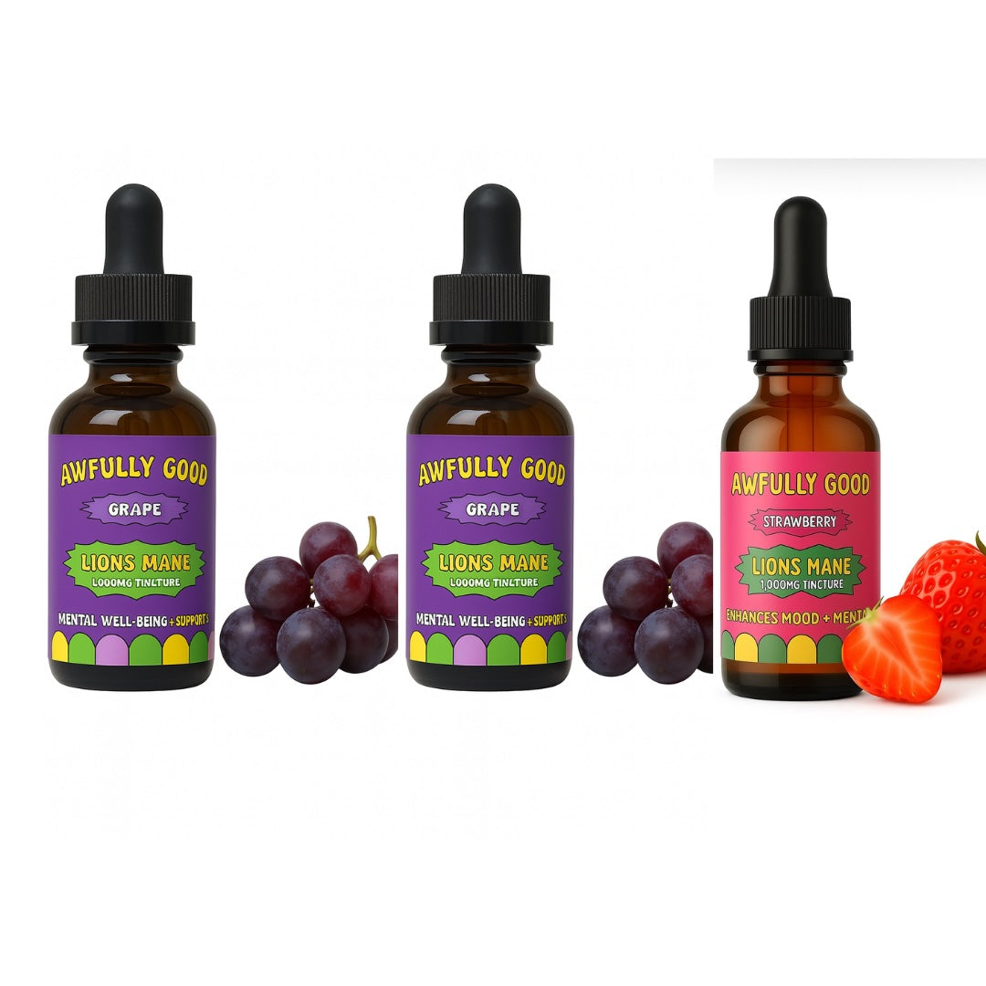 Awfully Good Lion’s Mane Tincture 3‑Pack – Choose Any Flavors (Grape, Blueberry or Strawberry) Supplement