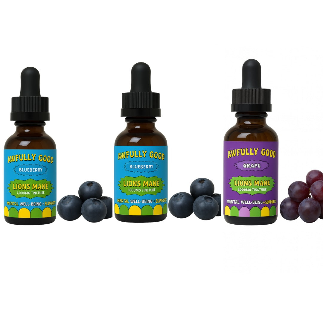 Awfully Good Lion’s Mane Tincture 3‑Pack – Choose Any Flavors (Grape, Blueberry or Strawberry) Supplement