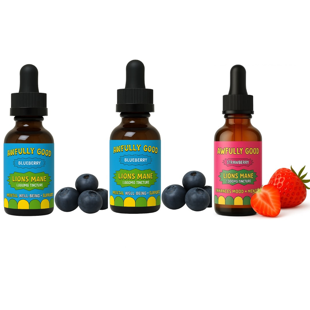 Awfully Good Lion’s Mane Tincture 3‑Pack – Choose Any Flavors (Grape, Blueberry or Strawberry) Supplement