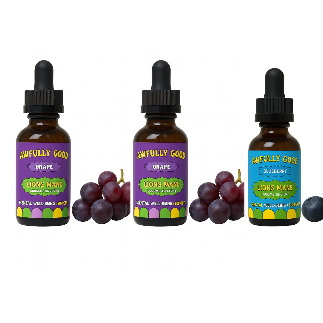 Awfully Good Lion’s Mane Tincture 3‑Pack – Choose Any Flavors (Grape, Blueberry or Strawberry) Supplement