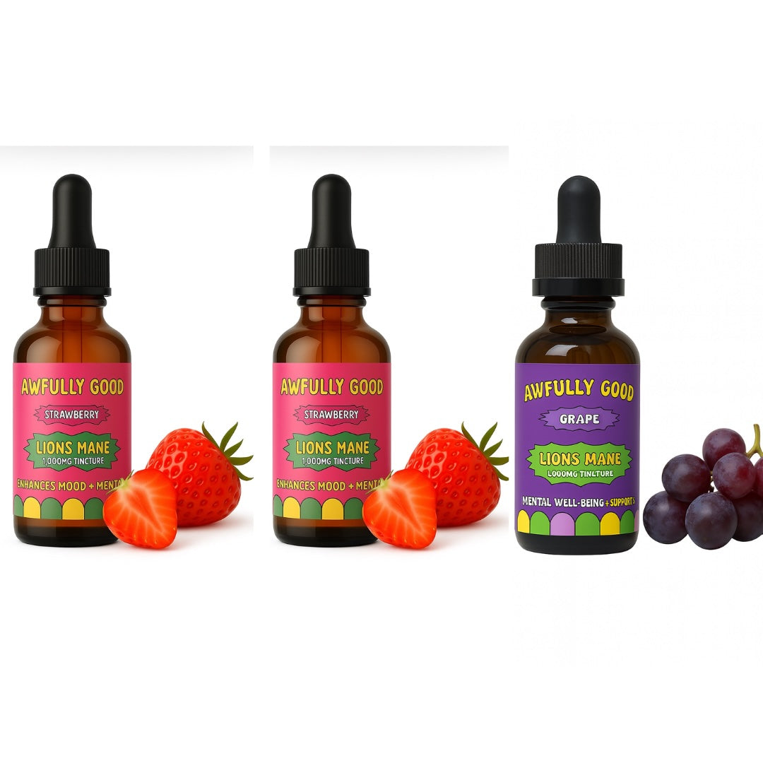 Awfully Good Lion’s Mane Tincture 3‑Pack – Choose Any Flavors (Grape, Blueberry or Strawberry) Supplement
