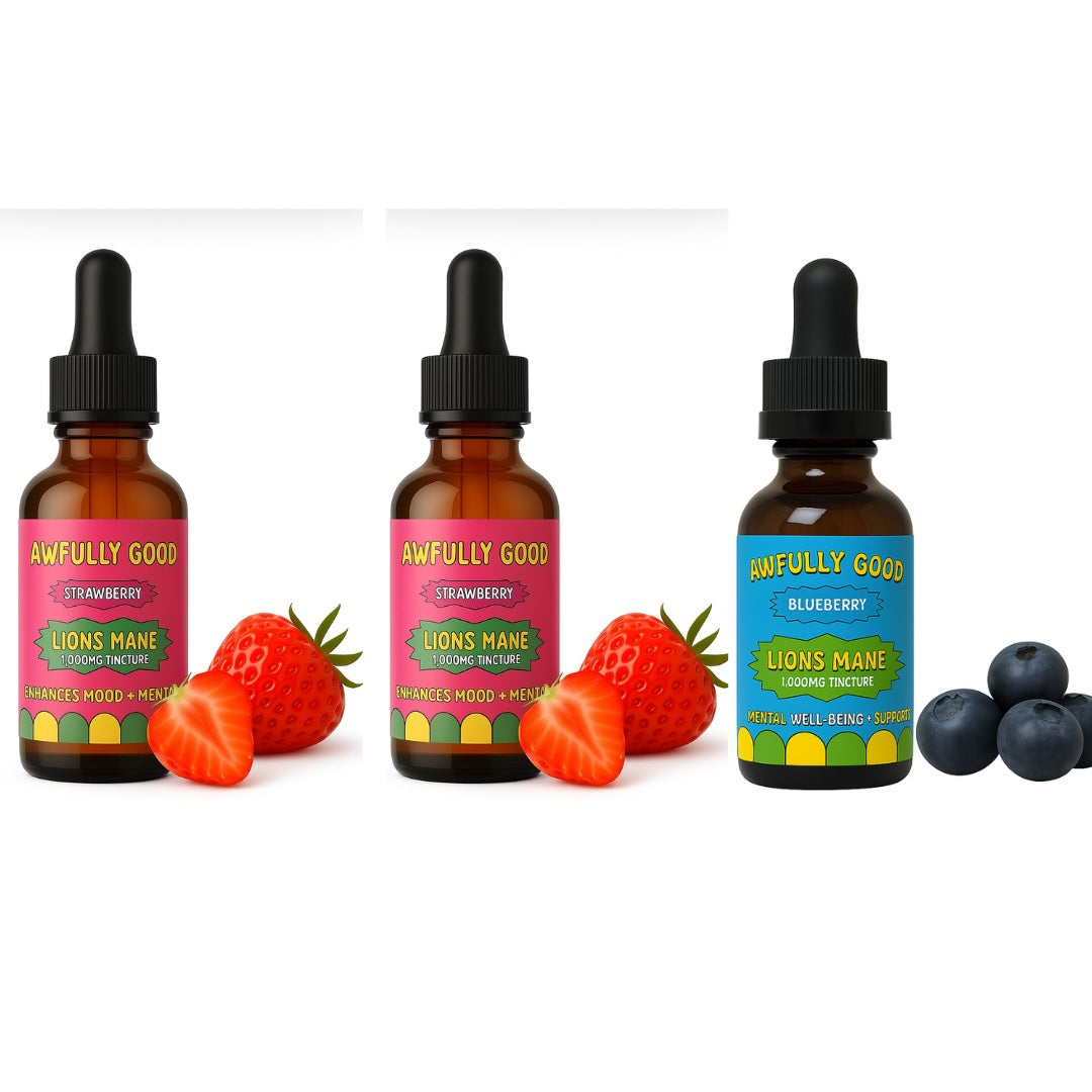 Awfully Good Lion’s Mane Tincture 3‑Pack – Choose Any Flavors (Grape, Blueberry or Strawberry) Supplement