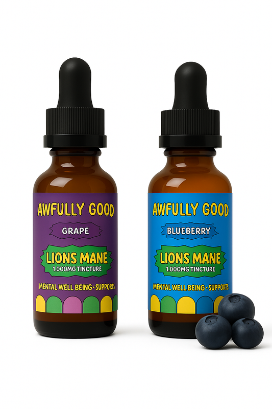 Awfully Good Lion’s Mane Tincture – 2 Bottle Bundle – Focus, Memory & Mood Support – Strawberry, Grape, or Blueberry