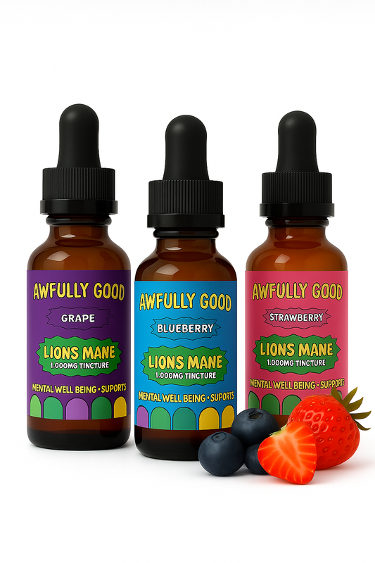 Awfully Good Lion’s Mane Tincture 3‑Pack – Choose Any Flavors (Grape, Blueberry or Strawberry) Supplement