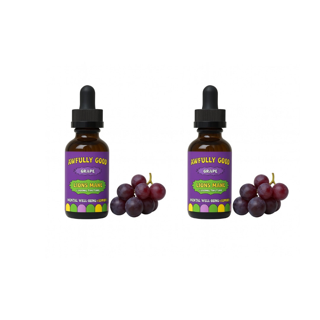 Awfully Good Lion’s Mane Tincture – 2 Bottle Bundle – Focus, Memory & Mood Support – Strawberry, Grape, or Blueberry