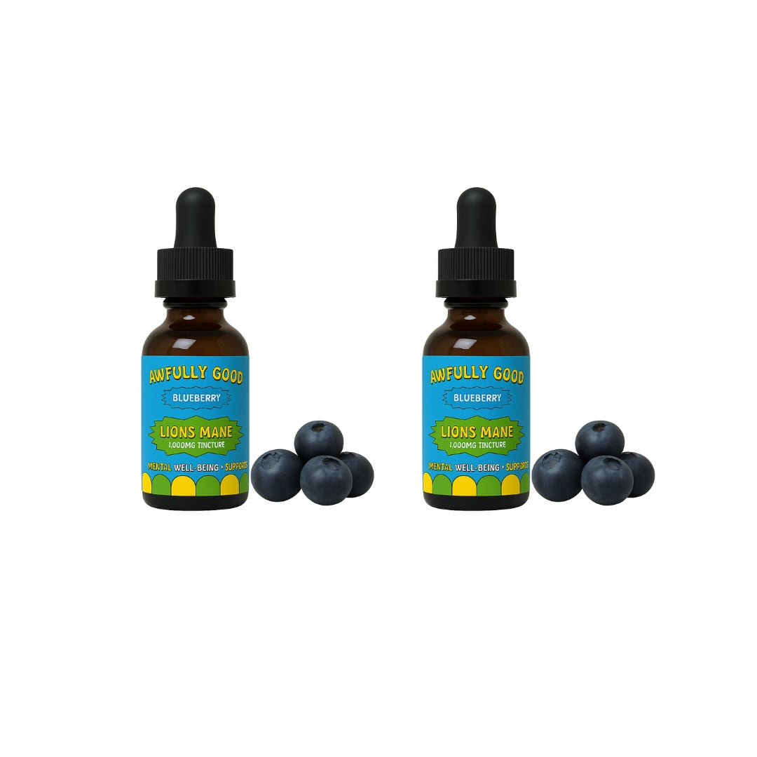 Awfully Good Lion’s Mane Tincture – 2 Bottle Bundle – Focus, Memory & Mood Support – Strawberry, Grape, or Blueberry