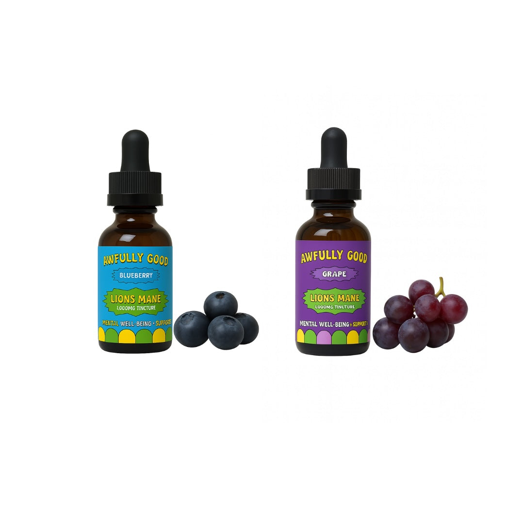 Awfully Good Lion’s Mane Tincture – 2 Bottle Bundle – Focus, Memory & Mood Support – Strawberry, Grape, or Blueberry