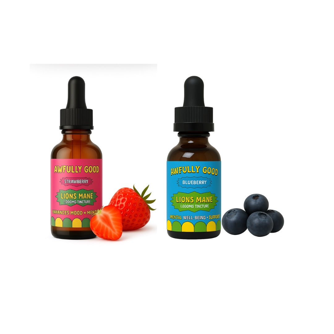Awfully Good Lion’s Mane Tincture – 2 Bottle Bundle – Focus, Memory & Mood Support – Strawberry, Grape, or Blueberry