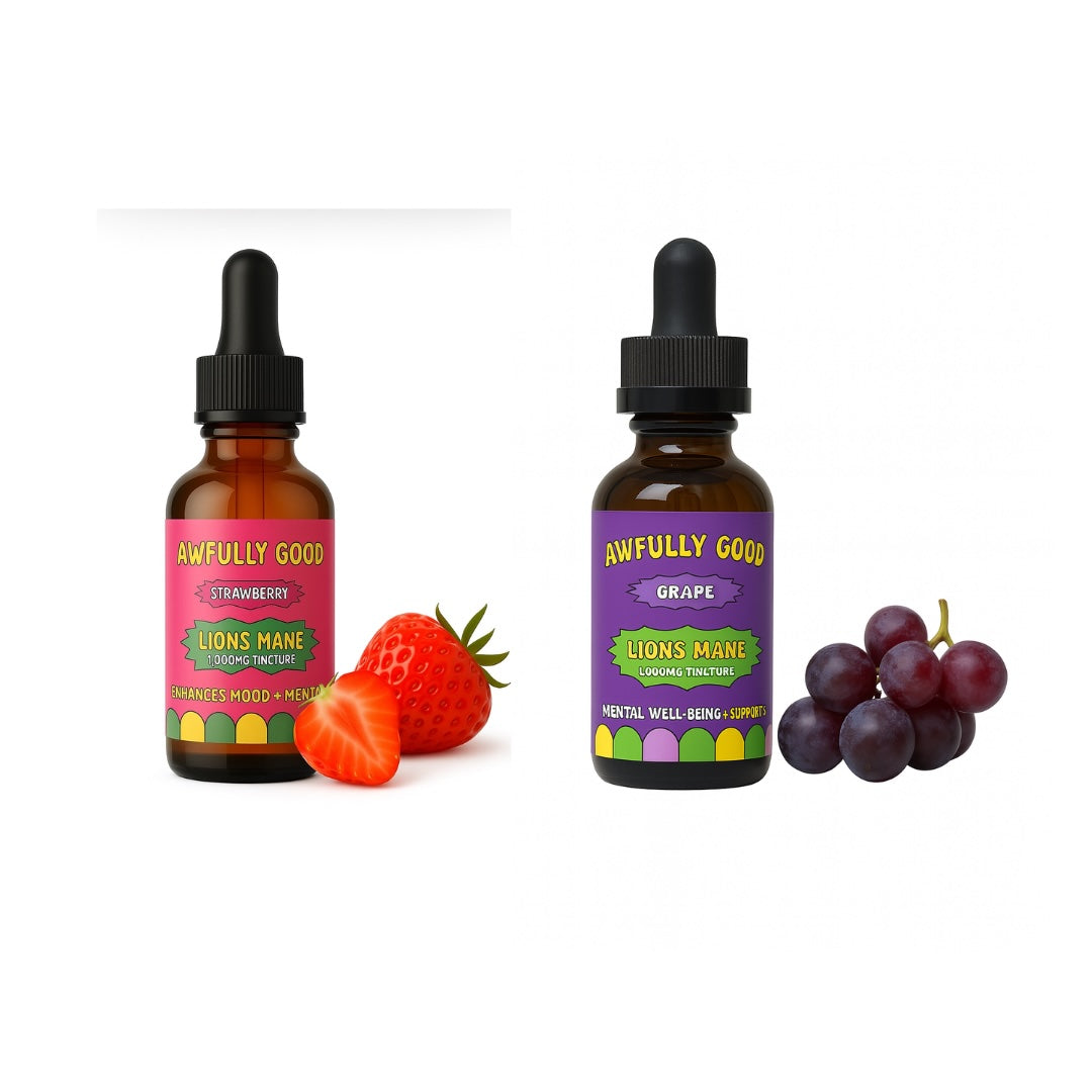 Awfully Good Lion’s Mane Tincture – 2 Bottle Bundle – Focus, Memory & Mood Support – Strawberry, Grape, or Blueberry