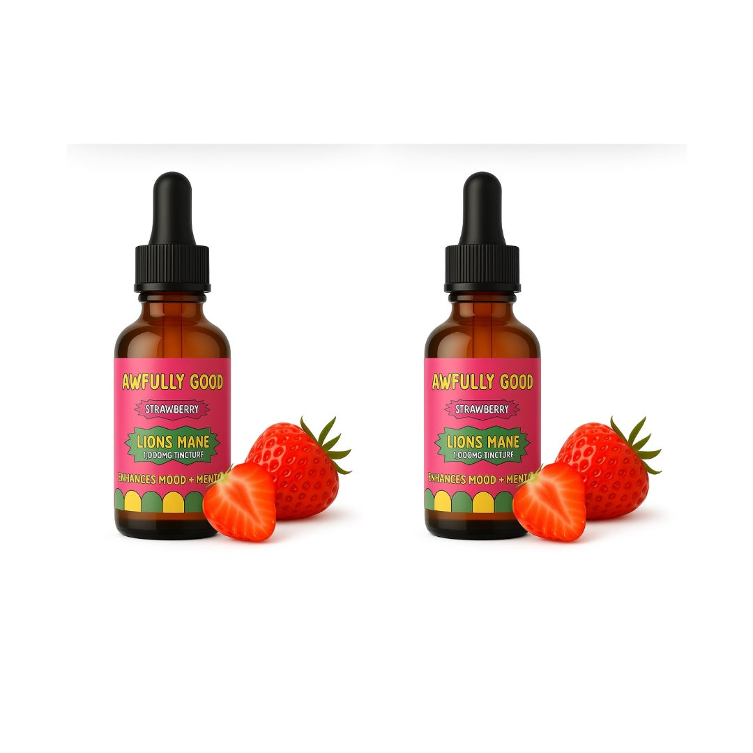 Awfully Good Lion’s Mane Tincture – 2 Bottle Bundle – Focus, Memory & Mood Support – Strawberry, Grape, or Blueberry